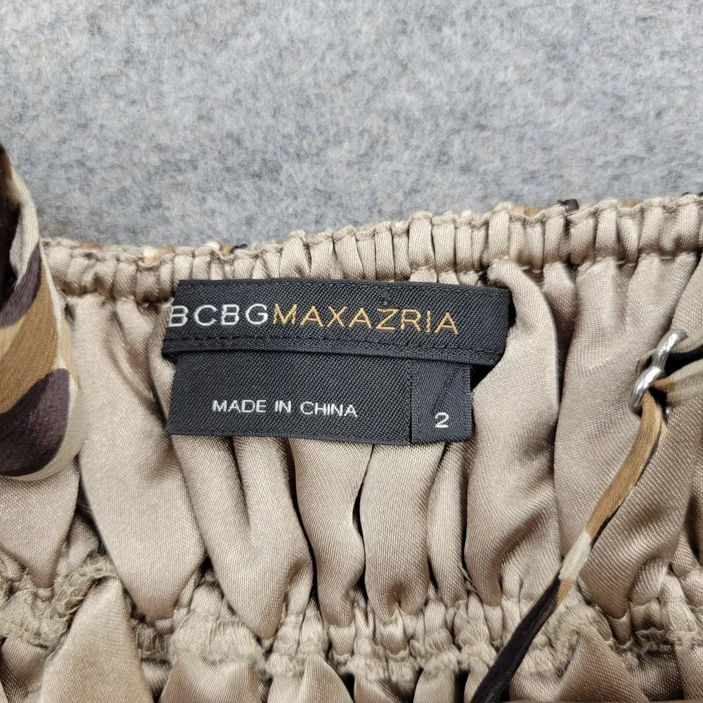 BCBGMAXAZRIA Dress Womens 2 Beige Animal Print Silk‎ Sleeveless V Neck Fit Flare